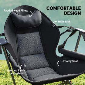 Camping Chair Set Of 2, Adjustable Back Folding Swinging Chair With Cup Holder And Padded Seat, Black (Color: Black)